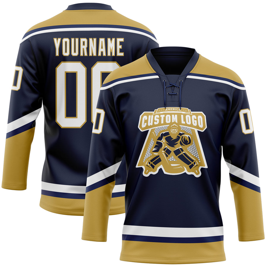 Custom Navy White-Old Gold Hockey Lace Neck Jersey