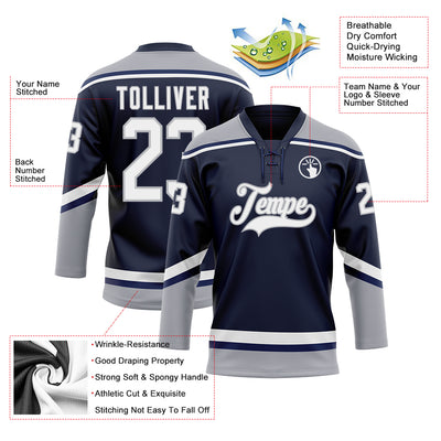 Custom Navy White-Gray Hockey Lace Neck Jersey