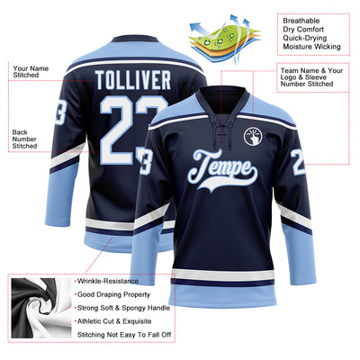 Custom Navy White-Light Blue Hockey Lace Neck Jersey