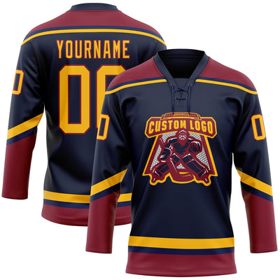 Custom Navy Gold-Crimson Hockey Lace Neck Jersey