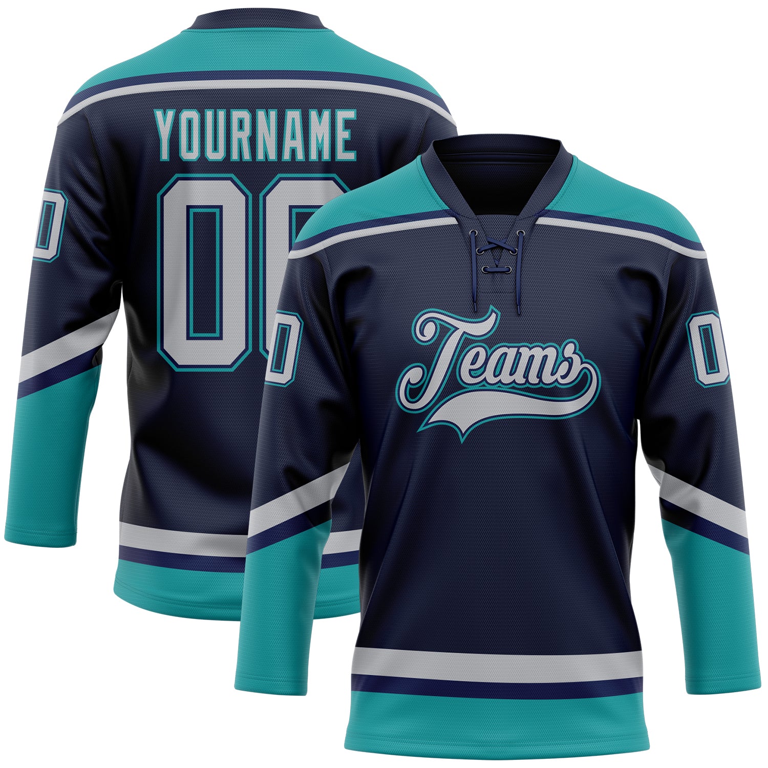 Custom Hockey Jersey Navy Gray Teal Hockey Lace Neck Jersey Men s Size XL