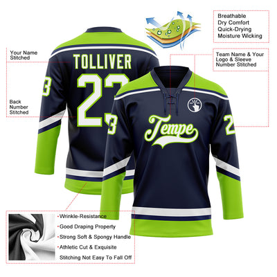 Custom Navy White-Neon Green Hockey Lace Neck Jersey