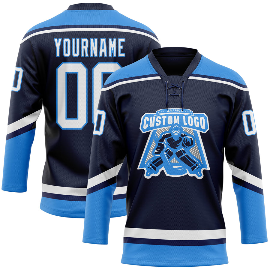 Custom Navy White-Powder Blue Hockey Lace Neck Jersey