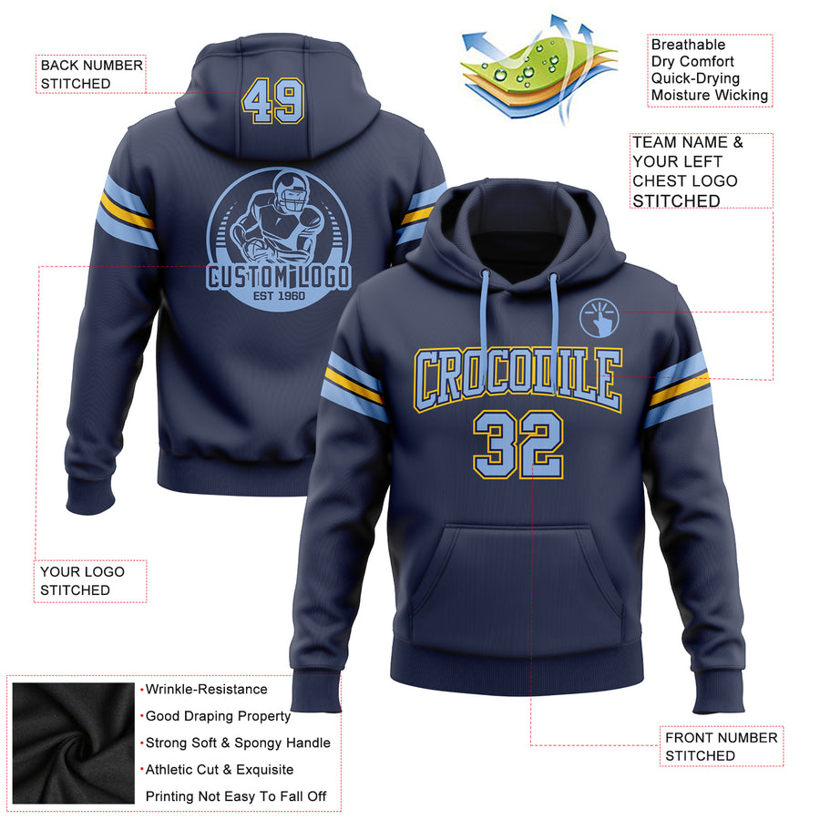 Custom Stitched Navy Light Blue-Yellow Football Pullover Sweatshirt Hoodie