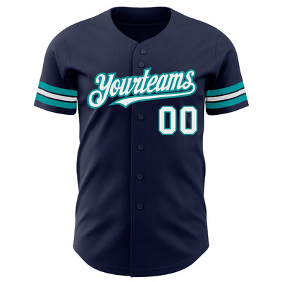 Custom Navy White-Teal Authentic Baseball Jersey