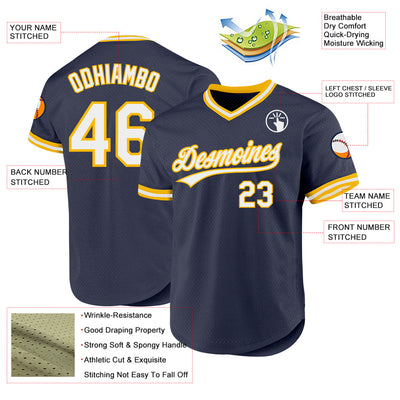 Custom Navy White-Gold Authentic Throwback Baseball Jersey