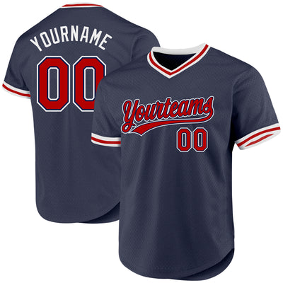 Custom Navy Red-White Authentic Throwback Baseball Jersey