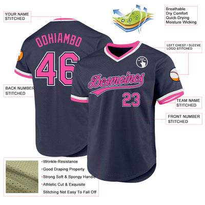 Custom Navy Pink-White Authentic Throwback Baseball Jersey