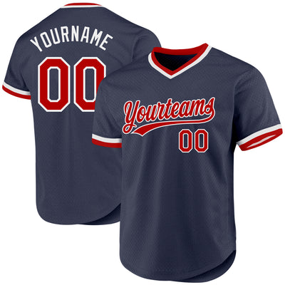 Custom Navy Red-White Authentic Throwback Baseball Jersey