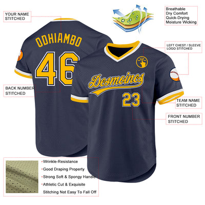 Custom Navy Gold-White Authentic Throwback Baseball Jersey