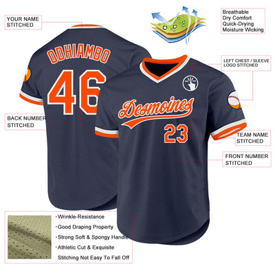 Custom Navy Orange-White Authentic Throwback Baseball Jersey