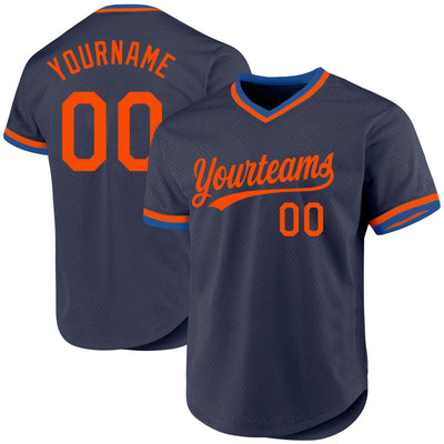 Custom Navy Orange-Blue Authentic Throwback Baseball Jersey