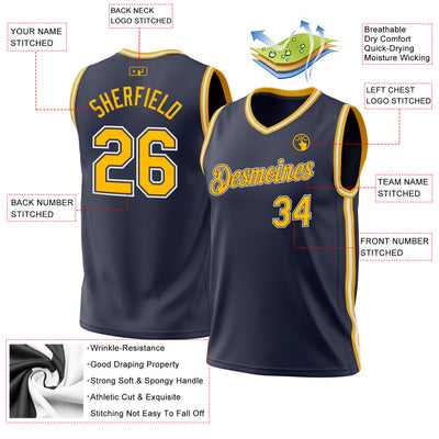 Custom Navy Gold-White Authentic Throwback Basketball Jersey