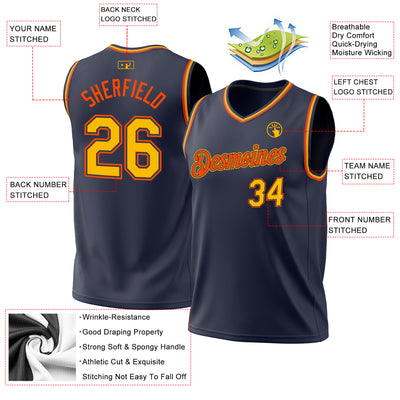 Custom Navy Gold-Orange Authentic Throwback Basketball Jersey