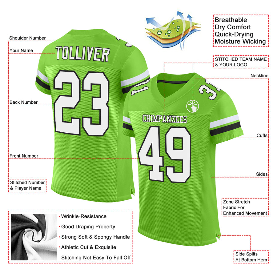 Custom Neon Green White-Black Mesh Authentic Football Jersey