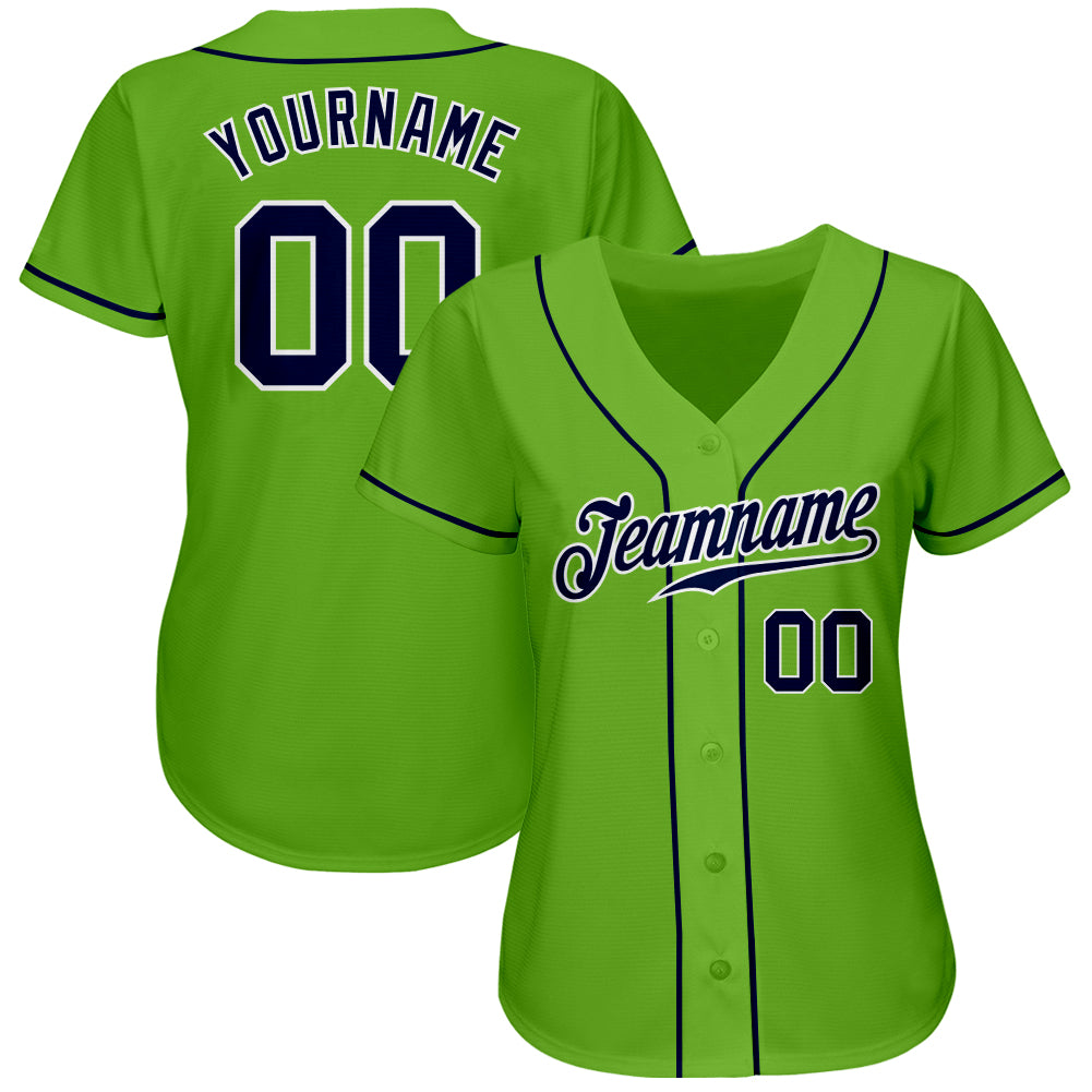 Custom Team White Baseball Authentic Navy Jersey Neon Green