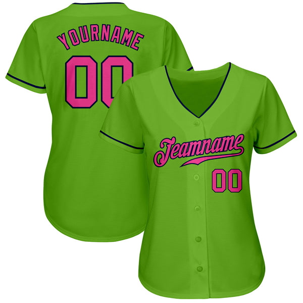 Custom Neon Green Pink-Navy Authentic Baseball Jersey Women's Size:3XL