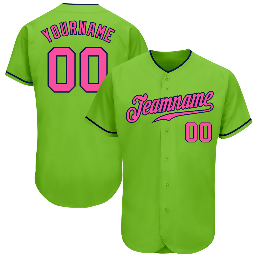 Custom Neon Green Pink-Navy Authentic Baseball Jersey Women's Size:3XL