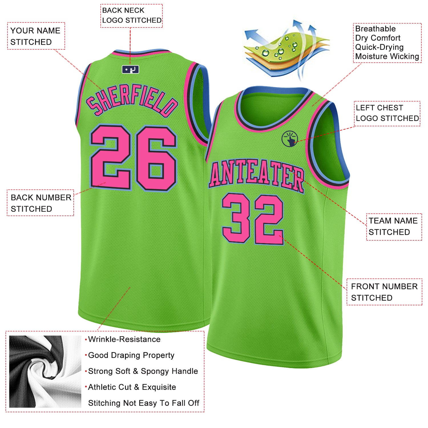 Custom Neon Green Pink-Light Blue Authentic Basketball Jersey