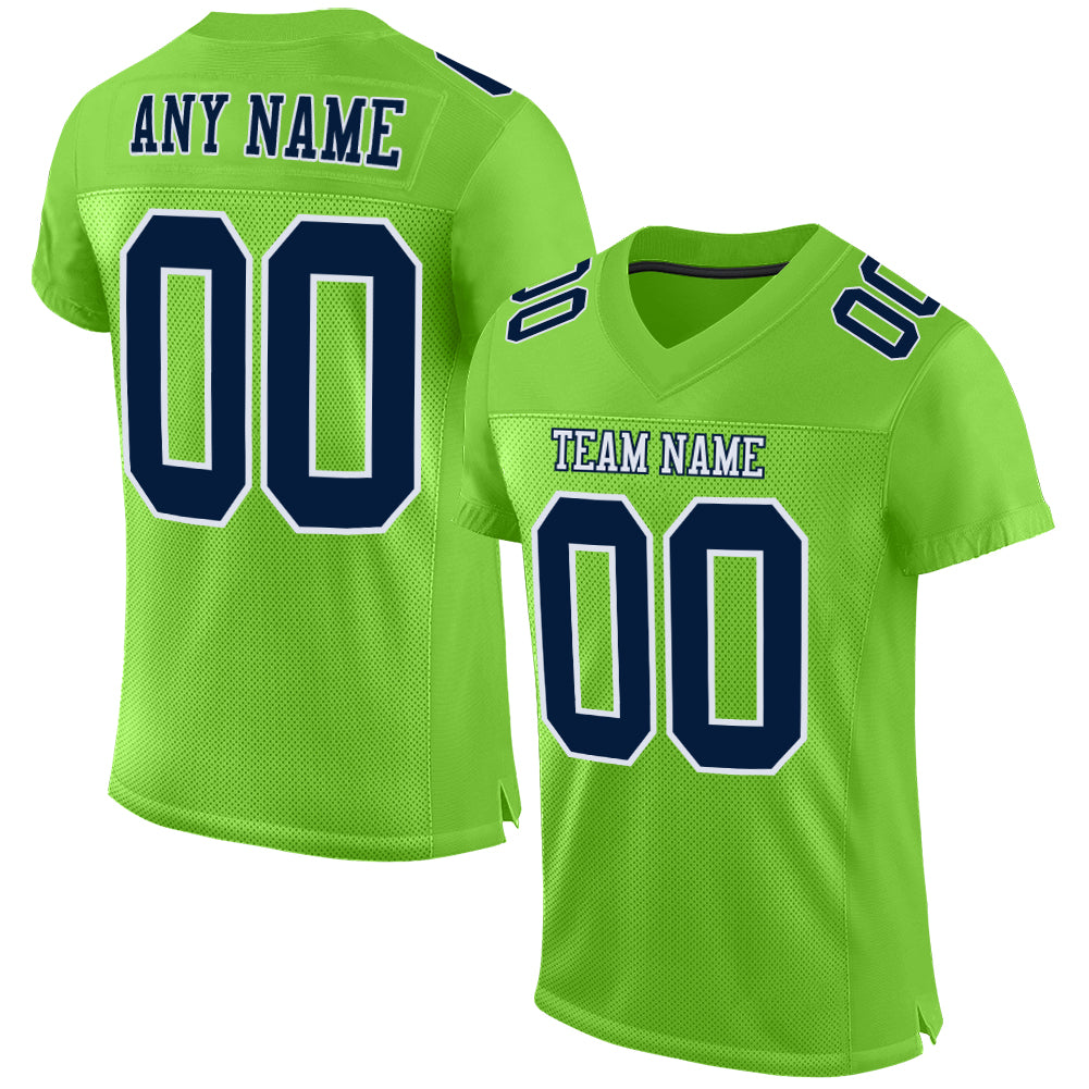 Custom Neon Green Navy-White Mesh Authentic Football Jersey