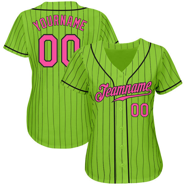 Custom Neon Green Black Pinstripe Pink-Black Authentic Baseball Jersey