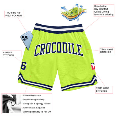 Custom Neon Green Navy-White Authentic Throwback Basketball Shorts