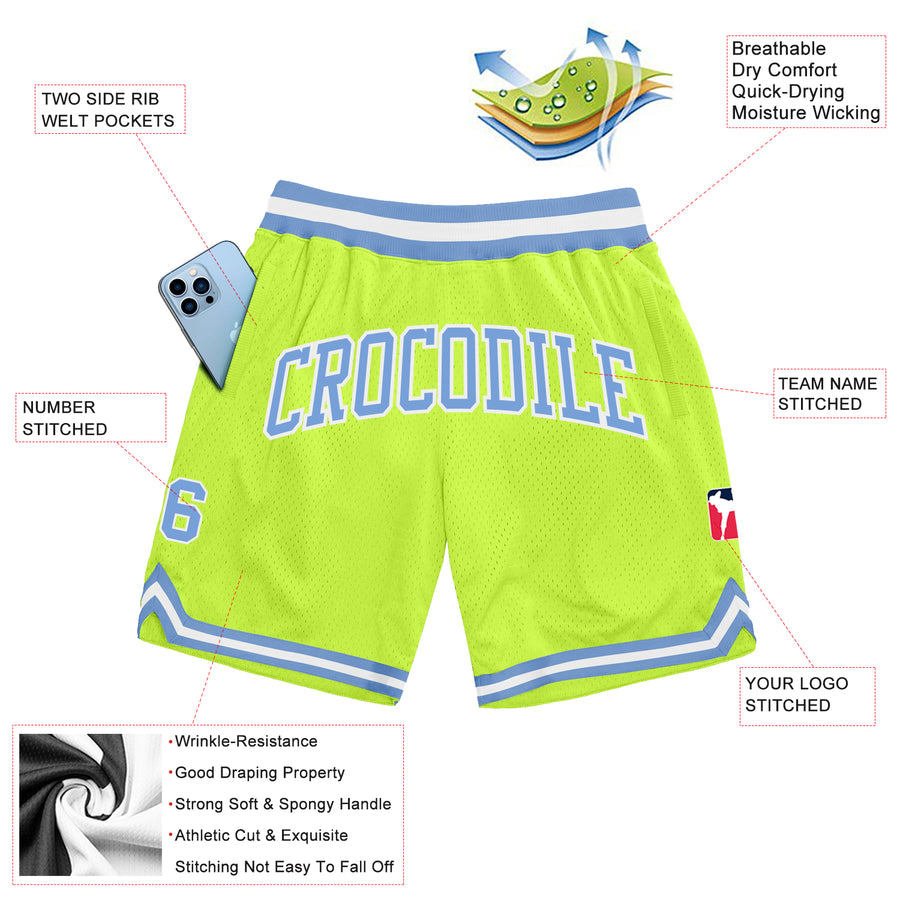 Custom Neon Green Light Blue-White Authentic Throwback Basketball Shorts