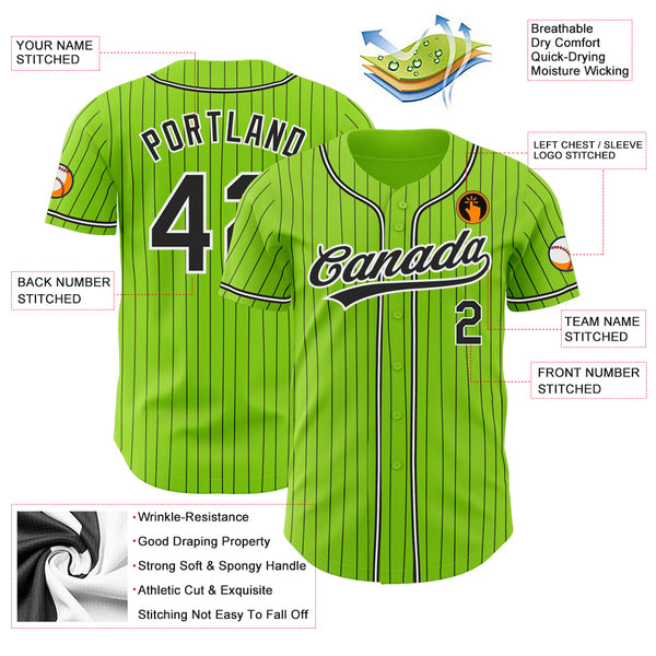 Custom Neon Green Black Pinstripe Black-White Authentic Baseball Jersey Men's Size:XL