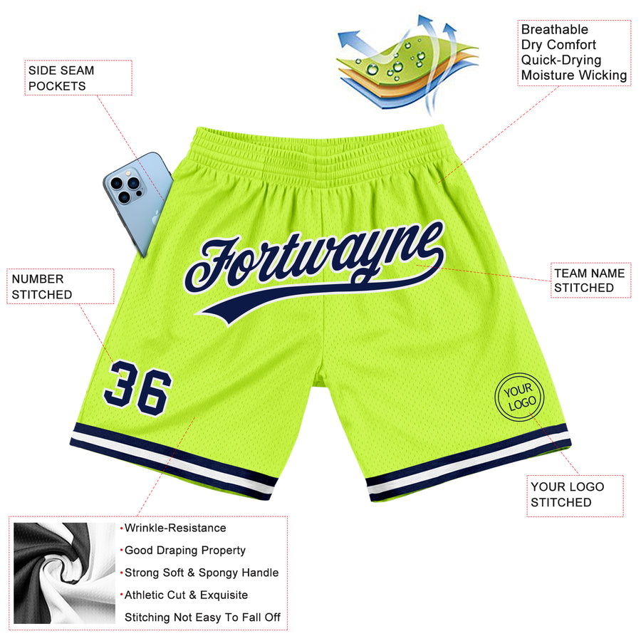 Custom Neon Green Navy-White Authentic Throwback Basketball Shorts