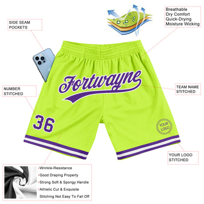 Custom Neon Green Purple-White Authentic Throwback Basketball Shorts