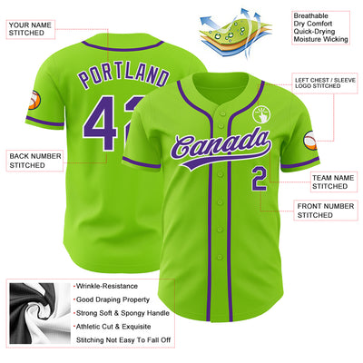 Custom Neon Green Purple-White Authentic Baseball Jersey