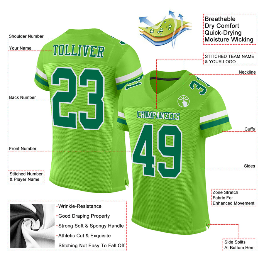 Custom Neon Green Kelly Green-White Mesh Authentic Football Jersey