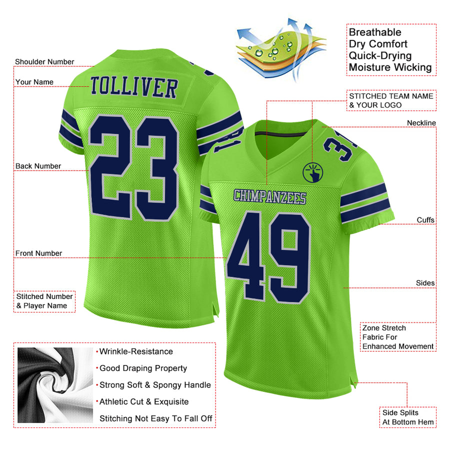 Custom Neon Green Navy-Gray Mesh Authentic Football Jersey