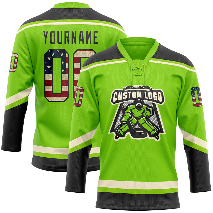 Custom Neon Green Vintage USA Flag Black-Cream Hockey Lace Neck Jersey