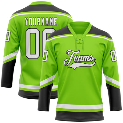 Custom Neon Green White-Black Hockey Lace Neck Jersey