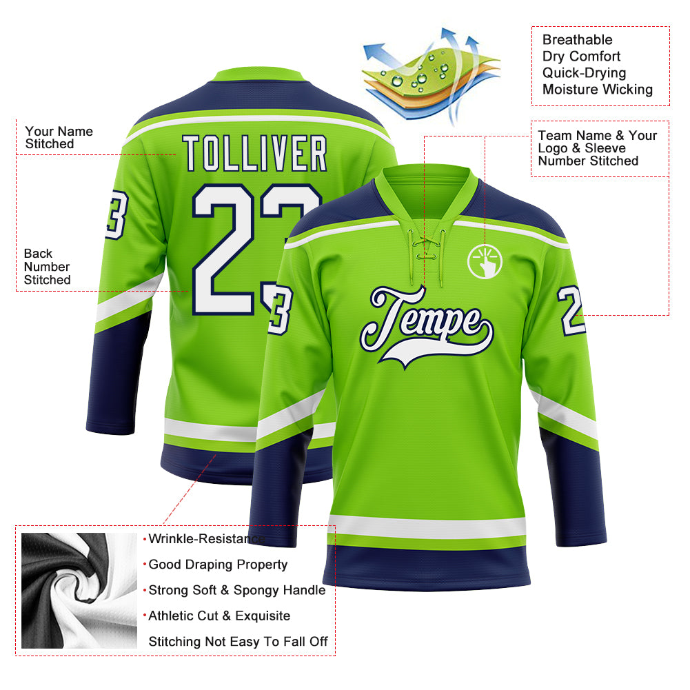 Custom White Navy-Neon Green Hockey Jersey Discount