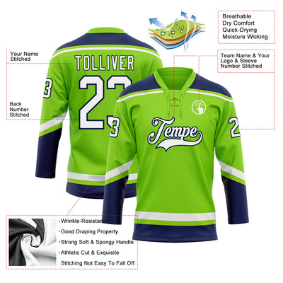 Custom Neon Green White-Navy Hockey Lace Neck Jersey