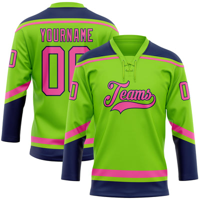 Custom Neon Green Pink-Navy Hockey Lace Neck Jersey