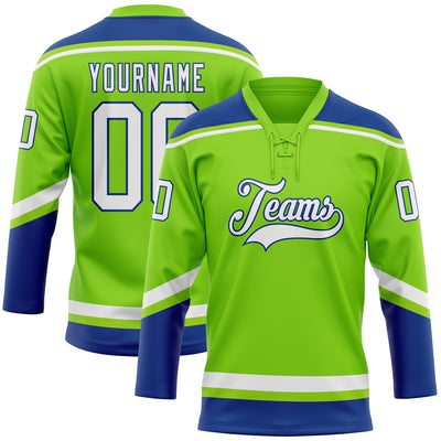 Custom Neon Green White-Royal Hockey Lace Neck Jersey