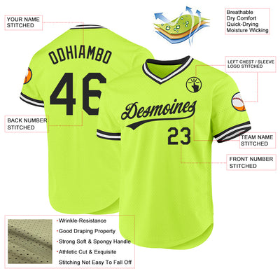 Custom Neon Green Black-White Authentic Throwback Baseball Jersey