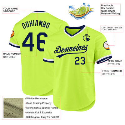 Custom Neon Green Navy-White Authentic Throwback Baseball Jersey