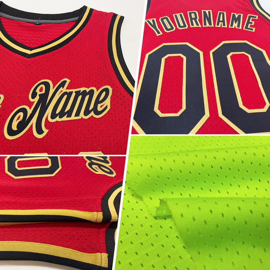 Custom Neon Green Red-White Authentic Throwback Basketball Jersey