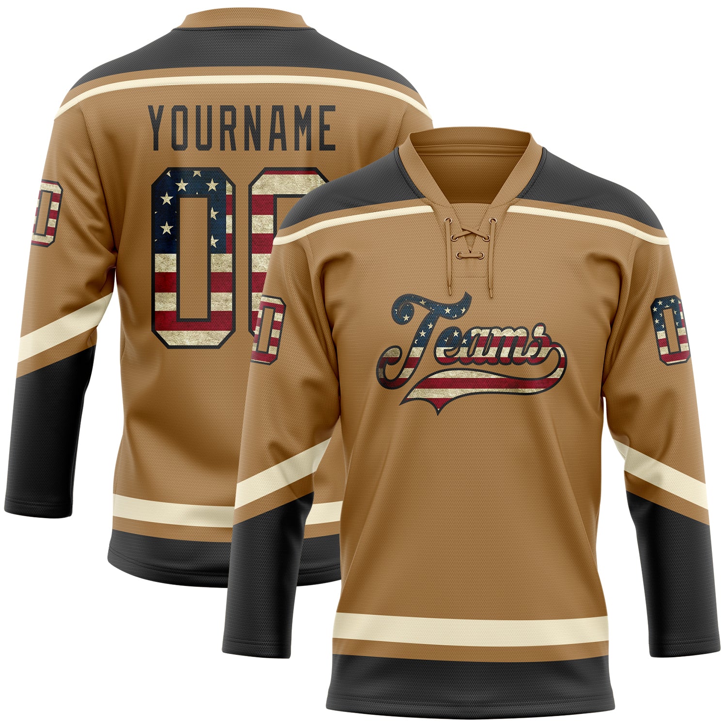 Custom Royal Vintage USA Flag Black-Cream Hockey Lace Neck Jersey