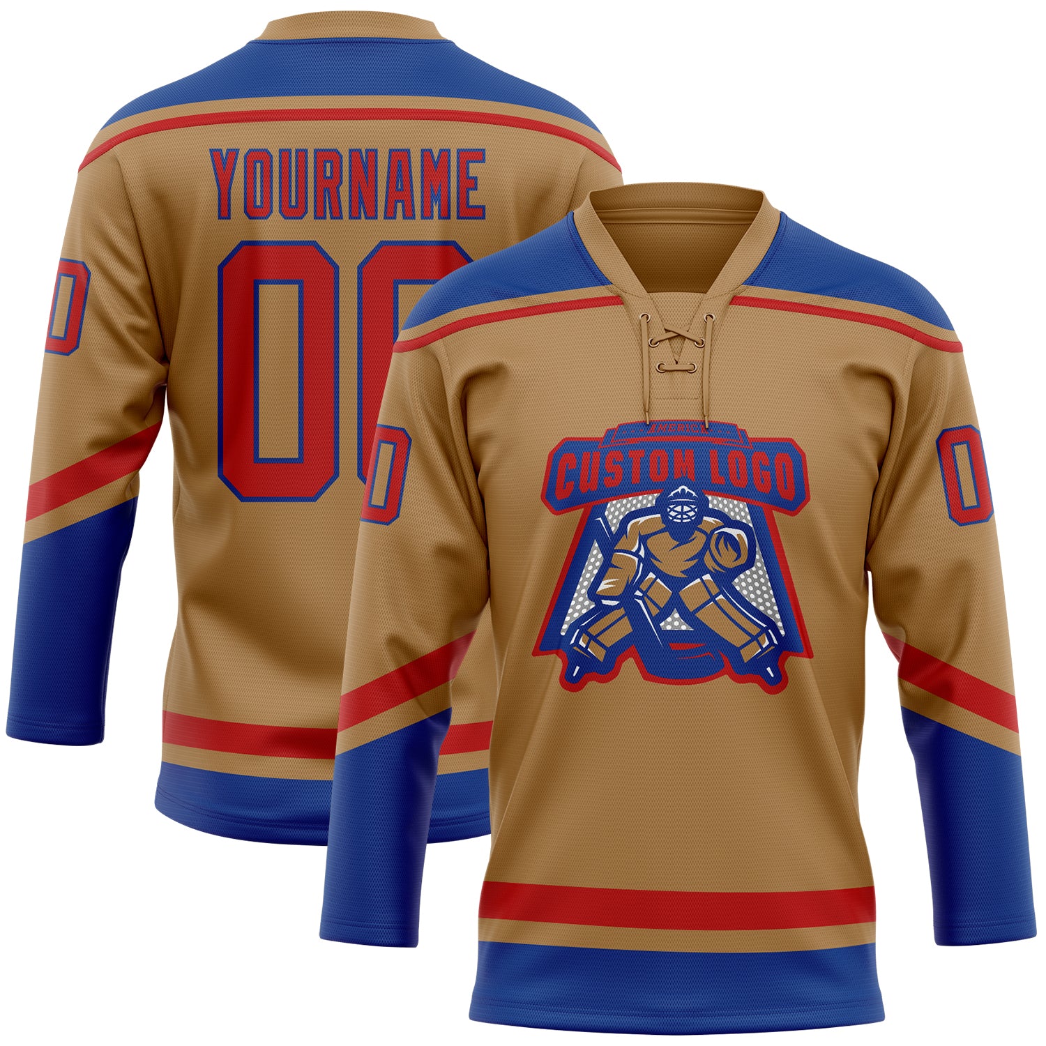 Custom Navy Gold-Red Hockey Lace Neck Jersey Discount