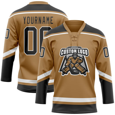 Custom Old Gold Black-White Hockey Lace Neck Jersey