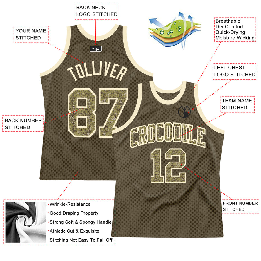 Custom Olive Camo-Cream Authentic Throwback Salute To Service Basketball Jersey