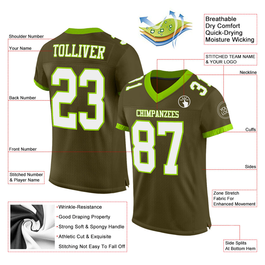 Custom Olive White-Neon Green Mesh Authentic Salute To Service Football Jersey