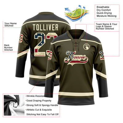 Custom Olive Vintage USA Flag Cream-Black Salute To Service Hockey Lace Neck Jersey