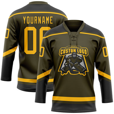 Custom Olive Gold-Black Salute To Service Hockey Lace Neck Jersey