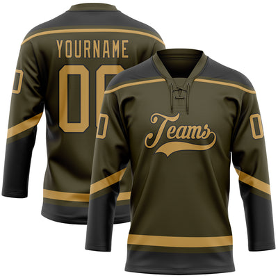 Custom Olive Old Gold-Black Salute To Service Hockey Lace Neck Jersey